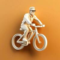 3d Charakter von Mann Reiten ein Fahrrad auf ein Orange Hintergrund, ai generativ foto