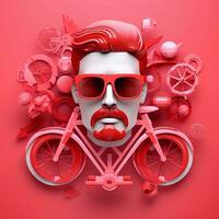 3d Charakter von Erwachsene Mann im Brille und Fahrrad auf Rosa Hintergrund, ai generativ foto