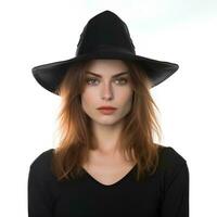 ein schön Hexe tragen ein konisch Hut auf ein isoliert Hintergrund, ai generativ foto