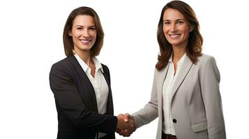 Mitte alt Geschäft Frau Manager zittern Hände mit Klient auf isoliert Weiß Hintergrund, ai generativ foto