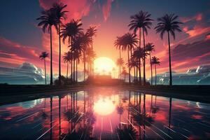 Silhouette Kokosnuss Palme Bäume auf Strand beim Sonnenuntergang. Jahrgang Ton, Retrofuturismus. generiert durch künstlich Intelligenz foto