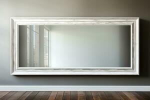 Spiegel im ein Rahmen auf ein grau Mauer im ein modern Innere. generiert durch künstlich Intelligenz foto