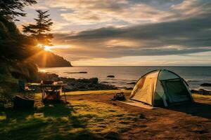 Zelt, Camping im Sommer- auf das Strand Meer und Himmel Hintergrund. generiert durch künstlich Intelligenz foto