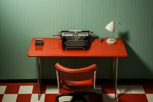 Jahrgang Schreibmaschine auf ein rot Tisch. Jahrgang Arbeitsplatz Innere. generiert durch künstlich Intelligenz foto