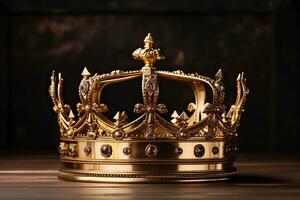 golden Krone mit kostbar Steine auf ein hölzern Tischplatte auf ein dunkel Hintergrund. generiert durch künstlich Intelligenz foto