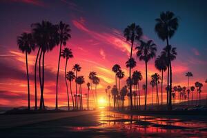schön Sonnenuntergang gegen das Hintergrund von das Silhouette von hoch Palme Bäume auf das Meer Strand. Jahrgang Ton. generiert durch künstlich Intelligenz foto