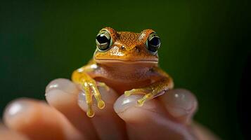 ein klein Frosch thront auf ein Mensch Finger, ai generativ foto