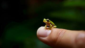 ein klein Frosch thront auf ein Mensch Finger, ai generativ foto