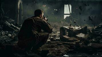 ein Soldat ist nehmen ein Bild von ein zerstört Gebäude, ai generativ foto