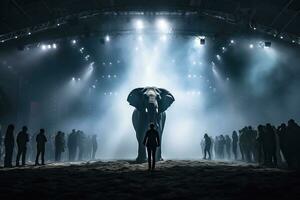 Silhouette von ein groß Elefant und ein klein Mann im das Arena. Zirkus Performance Konzept. generiert durch künstlich Intelligenz foto