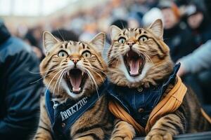 ein Paar von Katzen sind Fußball Fans beim das Stadion. Sport Wettbewerb Konzept. generiert durch künstlich Intelligenz foto