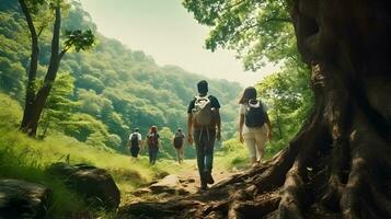 Gruppe von sportlich Menschen Wandern im Berg. ai generativ foto