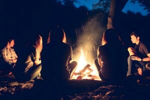 Freundschaft Gruppe sitzen runden ein hell Lagerfeuer beim Nacht foto