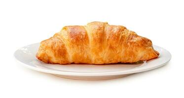 Seite Aussicht von Croissant auf Weiß Teller isoliert auf Weiß Hintergrund mit Ausschnitt Pfad foto