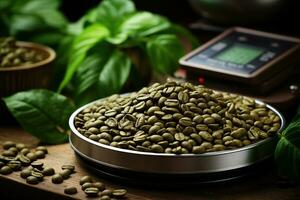 Grün Kaffee Bohnen auf ein Teller auf das Tisch. Wiegen und Kaffee Bohnen.. generiert durch künstlich Intelligenz foto