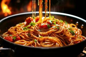 Pasta mit Tomate Soße, Kirsche Tomaten und Kräuter. Italienisch Küche. generiert durch künstlich Intelligenz foto