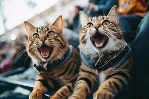 ein Paar von Katzen sind Fußball Fans beim das Stadion. Sport Wettbewerb Konzept. generiert durch künstlich Intelligenz foto