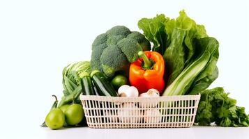 ein Weiß Korb voll Gemüse im Weiß Hintergrund foto