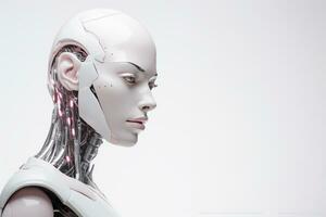 ai generiert ein Humanoid weiblich Roboter auf ein hell Hintergrund. foto