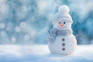 ai generiert ein Schneemann Stehen auf das Hintergrund von ein Winter Landschaft foto