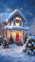 schneebedeckt Hütte mit rot Tür und Weihnachten Kranz foto
