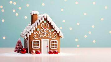 ai generiert Lebkuchen Haus auf ein Winter Hintergrund. foto