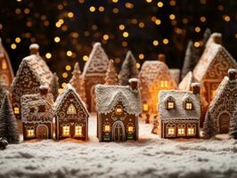 ai generiert Weihnachten Dorf von Lebkuchen Häuser im neutral Töne. foto
