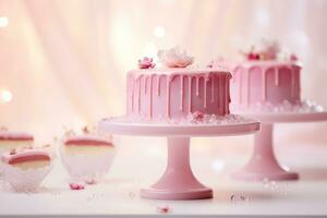 ai generiert schön Kuchen und Nachspeisen im Rosa Töne auf ein Rosa Hintergrund. Hochzeit Kuchen. Geburtstag Kuchen. Valentinstag Tag Kuchen. foto
