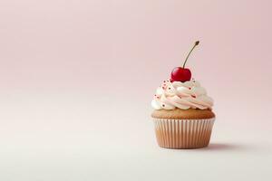 ai generiert frisch gemacht Cupcake mit ausgepeitscht Sahne auf ein zart Pastell- Hintergrund. foto