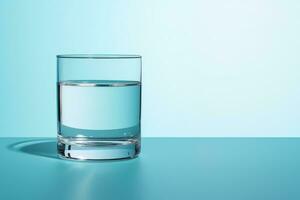 ai generiert ein Glas von sauber Trinken Wasser auf ein Licht Blau Hintergrund foto
