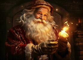 Santa claus geben ein Weihnachten Geschenk. Weihnachten Winter Urlaub Szene mit Magie Geschenke und Weihnachtsmann. generiert ai. foto