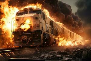 Aktion Schuss mit Mann Springen aus das Zug. dynamisch Szene mit Eisenbahn Wagen Explosion im Aktion Film Blockbuster Stil. generiert ai. foto