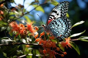 Schmetterling auf das bunt Blumen und Pflanzen. Ruhe Natur Szene mit verträumt Farben. generiert ai. foto