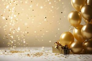 Gold Konfetti mit Ballon Luxus Geburtstag Hintergrund ai generiert foto