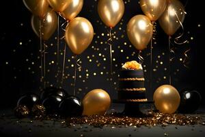 Gold Konfetti mit Ballon Luxus Geburtstag Hintergrund ai generiert foto