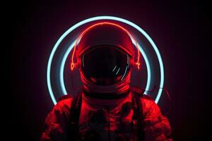 Raumfahrer oder Astronaut mit kreisförmig Ring geformt Neon- Licht. ai generativ foto