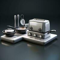 ein Küche mit ein Toaster, braten schwenken und andere Utensilien, ai generativ foto