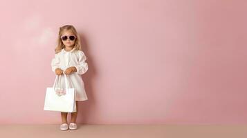 ein wenig Mädchen tragen ein Weiß Kleid und Gläser, zeigt das Zahl von ein Reich Frau, halten ein Luxus Marke Einkaufen Tasche, ai generativ foto