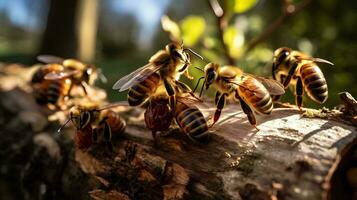 ein Gruppe von Honig Bienen thront auf ein Bienenstock, ai generativ foto