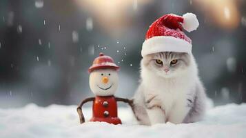 ein Katze tragen ein Santa Hut und Schal ist Nächster zu ein Schnee Skulptur, ai generativ foto