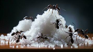 ein Gruppe von Ameisen Essen Zucker auf das Tisch, ai generativ foto
