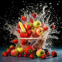 ein Korb von frisch Obst mit ein Wasser Spritzen Wirkung, ai generativ foto
