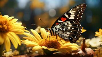 Schmetterling auf Gelb Blumen mit Sonne Strahlen, ai generativ foto