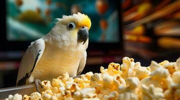 ein Gelb und Weiß Papagei sitzt auf oben von Popcorn, ai generativ foto