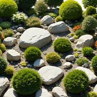 Garten dekoriert mit Felsen und Blumen und Pflanzen isoliert auf Weiß Hintergrund. ai generativ foto