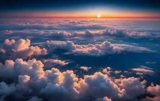 Illustration von ein Aussicht von ein Gruppe von Wolken und das voll Mond, Fotos genommen von ein Flugzeug. ai generativ