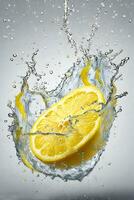 Wasser planschen auf Zitrone im das Stil von Präzisionist Kunst, isoliert Weiß Hintergrund. ai generativ foto