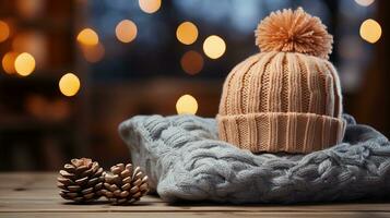 einladend Urlaub Zuhause Dekor Wolle Stricken Hut auf Holz Tisch, Schneeflocken, und warm, warm Winter Innere mit Sanft Farben gemütlich Atmosphäre im Leben Zimmer, KI-generiert foto