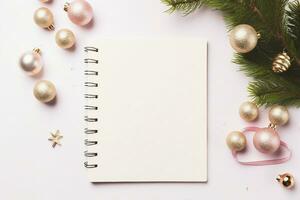 oben Aussicht leer Tagebuch Seite Pastell, festlich Weihnachten Dinge Dekorationen neben, Raum zum Hinzufügen Text, KI-generiert foto