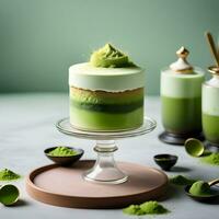 Schichten von zart mit Matcha angereichert Schwamm Kuchen, cremig Mascarpone, und ein Abstauben von Matcha Pulver im ein Glas Parfait. ai generativ foto